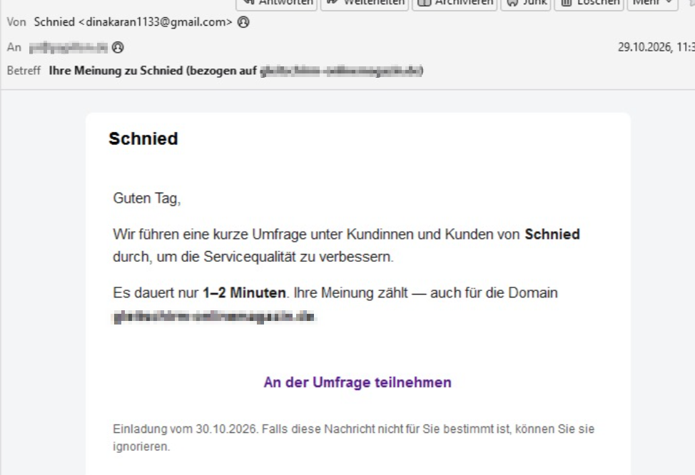 Gefälschte E-Mail „Ihre Meinung zu Schnied“ mit Knopf „An der Umfrage teilnehmen“